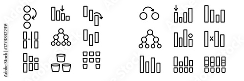 Simple line icons representing various data visualization techniques for presentations or reports in a minimalistic style