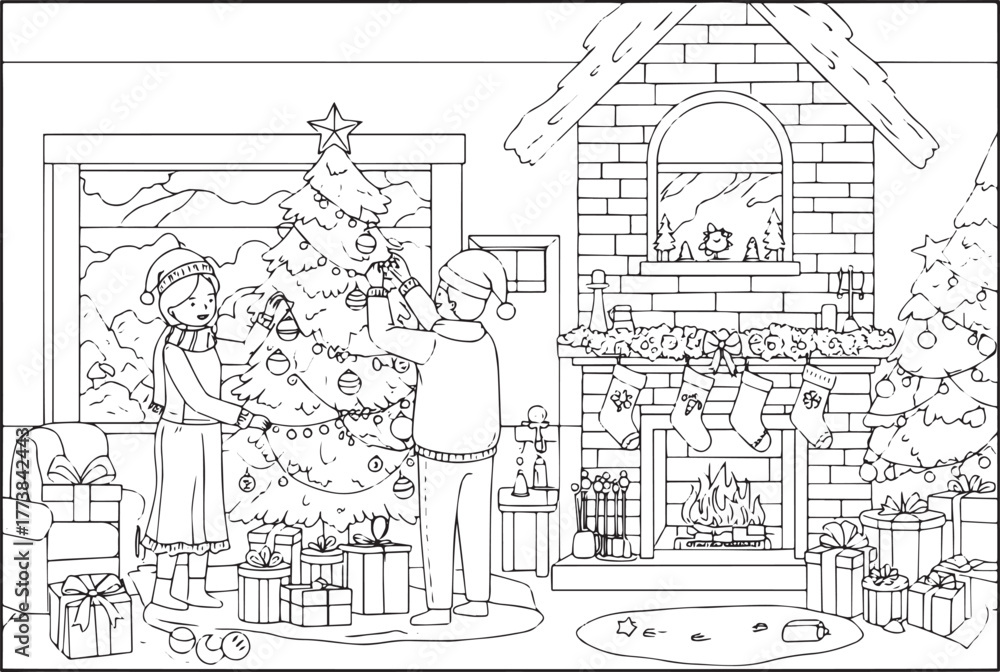 Fototapeta premium Festive holiday spirit depicted through a couple decorating a ch
