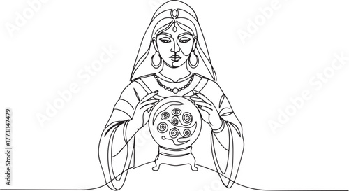 Enigmatic fortune teller in continuous line art holding a crysta