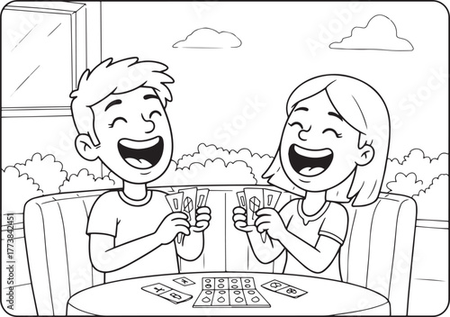 Happy cartoon couple playing card game, enjoying a playful after
