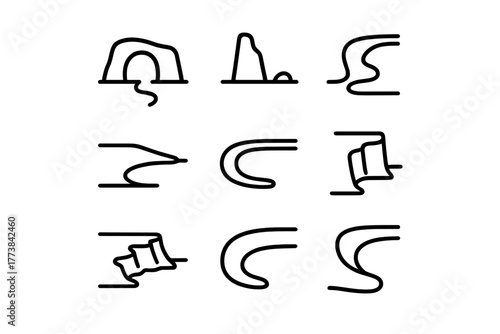 Simple line drawings of different landscapes featuring hills, waves, and a tent-like structure in a minimalist style