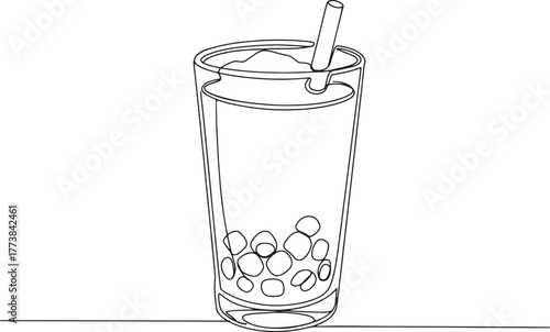 Line Art Illustration of Taro Milk Tea with Tapioca Pearls in a