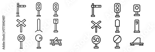 Various traffic and signaling icons representing road and rail signs used for navigation and safety in urban environments