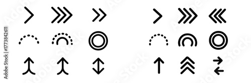Variety of simple black directional arrows and shapes designed for graphic communication on a white background