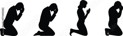 Silhouette of people praying on knees in peaceful meditation, religious devotion, spiritual faith, peaceful meditation, religious devotion, spiritual faith, worship, hope, and mindfulness co
