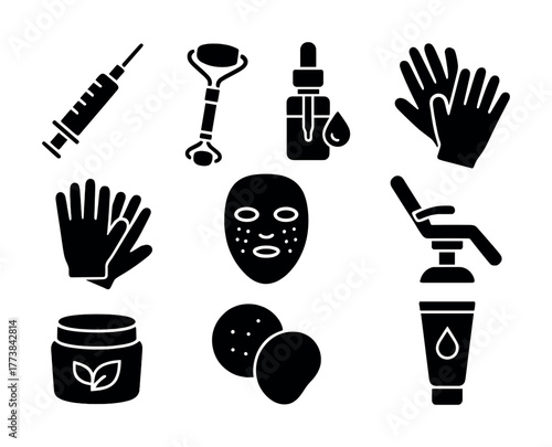 Vector Skincare essentials collection: serum, mask, gloves, and accessories for healthy skin