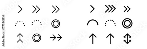 Variety of arrow and circular designs with different shapes and orientations in a simple black and white style