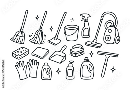 Vector Collection of cleaning tools and supplies for household chores