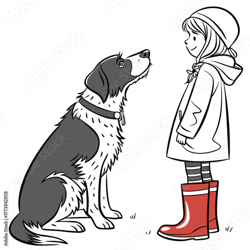 A happy cartoon girl in a raincoat and red boots looks up at her attentive dog sitting patiently outdoors