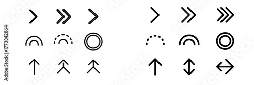 Different styles of arrow and circle icons for graphic design, illustrating directional and symbolic elements in artwork
