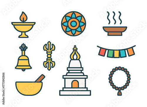 Vector Buddhist symbols: vajra, prayer flags, oil lamp, temple, bell, offering bowl, rosary beads