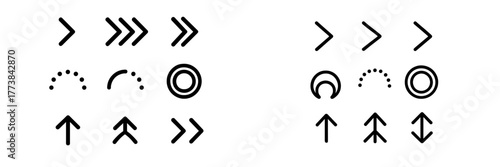 Sets of black directional and geometric symbols arranged in two horizontal lines displayed on a white background