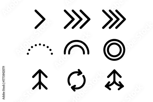 Variety of directional arrows and patterns in black on a white background for graphic design elements