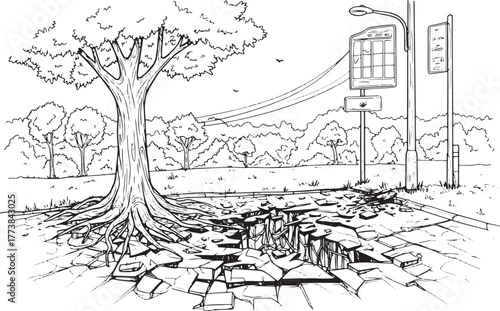 Cracked pavement near tree and bus stop artistic monochrome illu