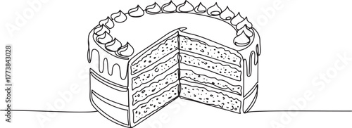 Elegant line art illustration of a layered cake with missing sli