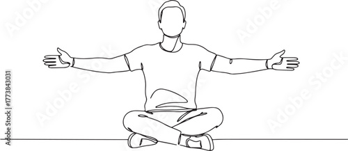 Continuous line drawing of a man in lotus position with outstret