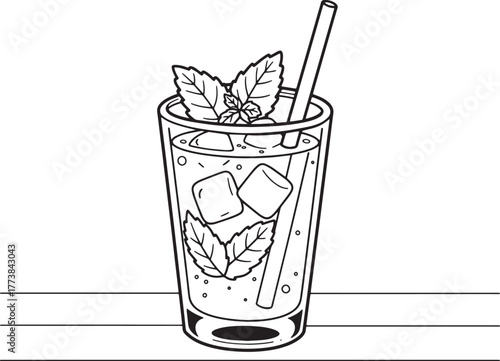Elegant monochrome illustration of a refreshing mint julep cockt