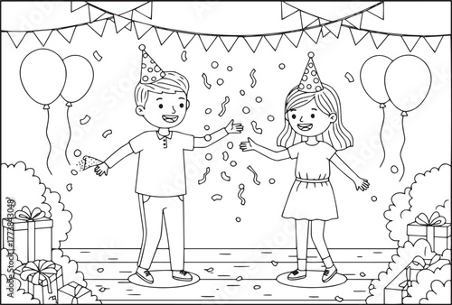 Festive Celebration: A Black and White Illustration of Joyful Pa