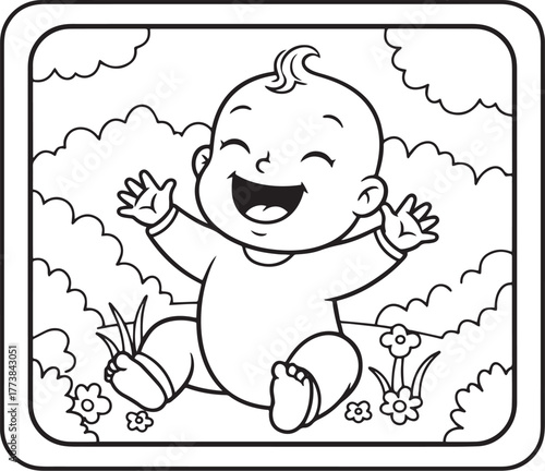 Adorable baby illustration radiating happiness surrounded by clo