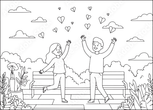 Whimsical linear illustration of couple under falling hearts in