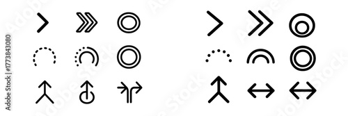 Shapes and symbols illustrating directional signs and patterns in graphic design