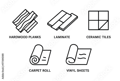 Vector Icon set of flooring types: hardwood planks, laminate, ceramic tiles, carpet, vinyl sheets