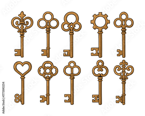 Vector Collection of ten vintage skeleton keys with ornate designs