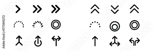 Direction symbols and icons in a simple black and white design for navigation and indicators used in user interfaces and graphics