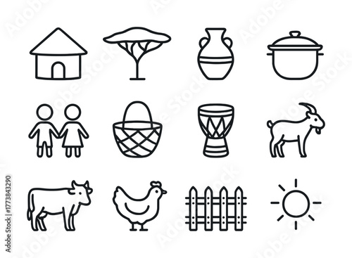 Vector Line art icons of traditional african symbols: hut, acacia tree, pottery, drum, livestock