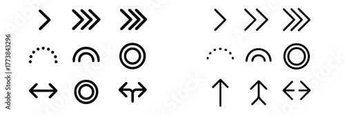 Various black and white arrow and circle designs suitable for modern graphic projects and signage