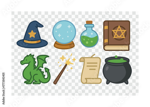 Vector Magical icons set featuring wizard hat, crystal ball, potion, spellbook, dragon, wand, scroll, cauldron