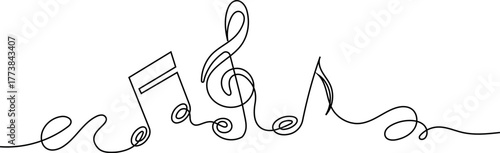 One line art music notes and treble clef. Minimalist continuous line drawing.