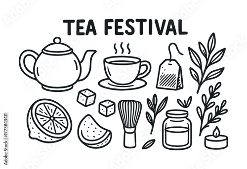 Vector Tea festival illustration with teapot, teacup, and leaves in black and white