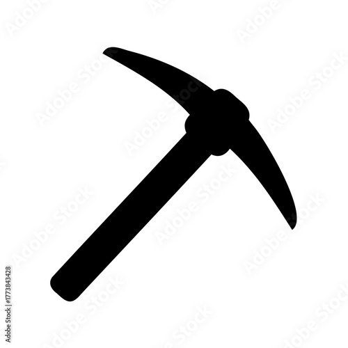 A simple black silhouette of a pickaxe tool on white backdrop