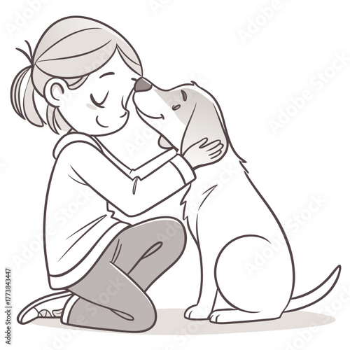 Young child with closed eyes affectionately nuzzles a happy dog showing love and friendship