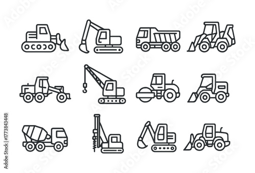 Vector Vector icons of heavy construction machinery vehicles