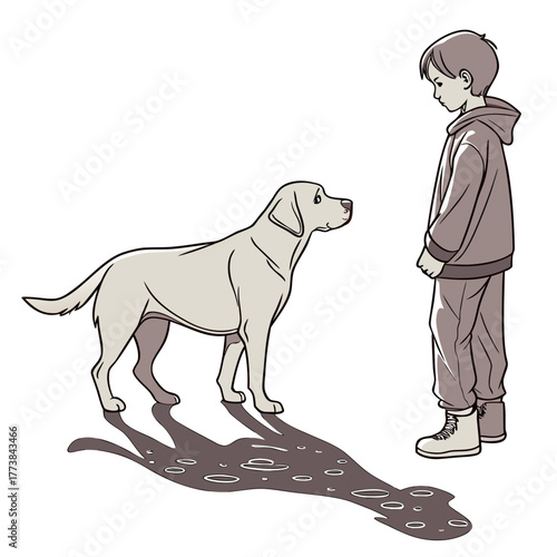 A young boy wearing casual clothes stands looking down at a light colored dog with a shadow on the ground
