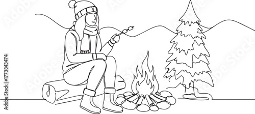 Elegant line art depicts a woman enjoying a fireside marshmallow