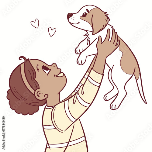 Joyful child holding up a cute puppy with hearts floating around them in a heartwarming moment
