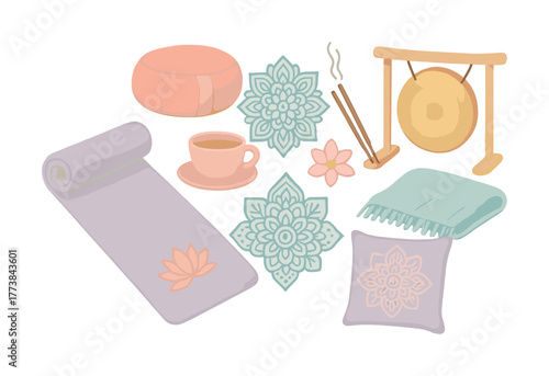 Vector Relaxation items for meditation and yoga with floral mandalas and tea on a white background