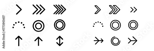 Collection of simple arrow and circle icons in black and white for design use