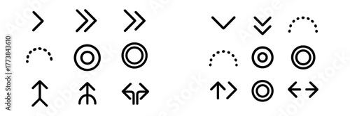 Various simple black arrow and circle symbols for graphic design in a modern format