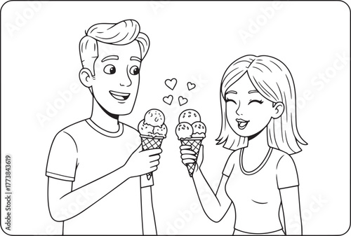 Outlined illustration of a happy couple holding ice cream cones