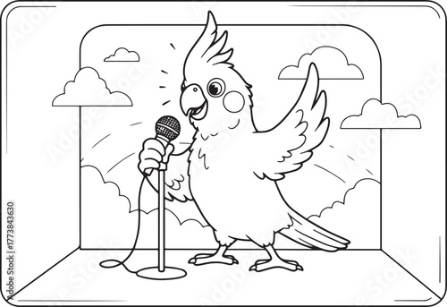 Cartoon Illustration of a Singing Cockatiel Bird Holding a Micro