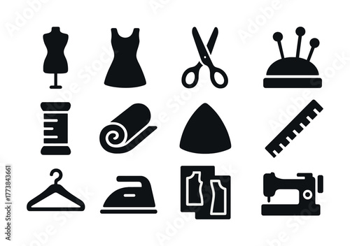 Vector Sewing tools and accessories icons: dress form, scissors, sewing machine, iron
