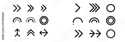 Geometric symbols and patterns displayed in two contrasting rows on a plain background