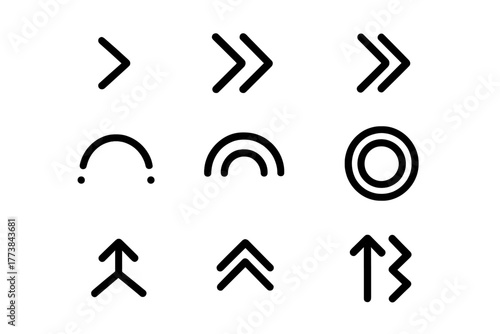 Set of simple black arrows, curves, and circular shapes for graphic design use or illustrative purposes