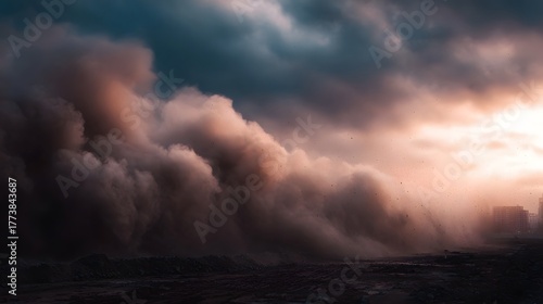 Massive dust storm engulfs landscape under dramatic sunset sky obscuring distant city buildings