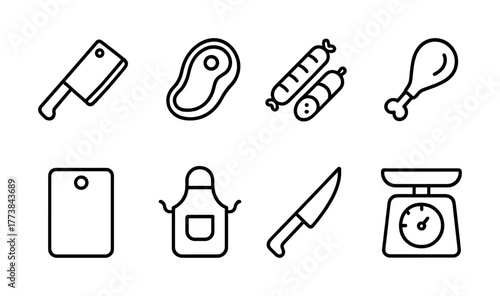 Vector Butcher tools and cooking icons: cleaver, steak, knife, sausage, meat, scale