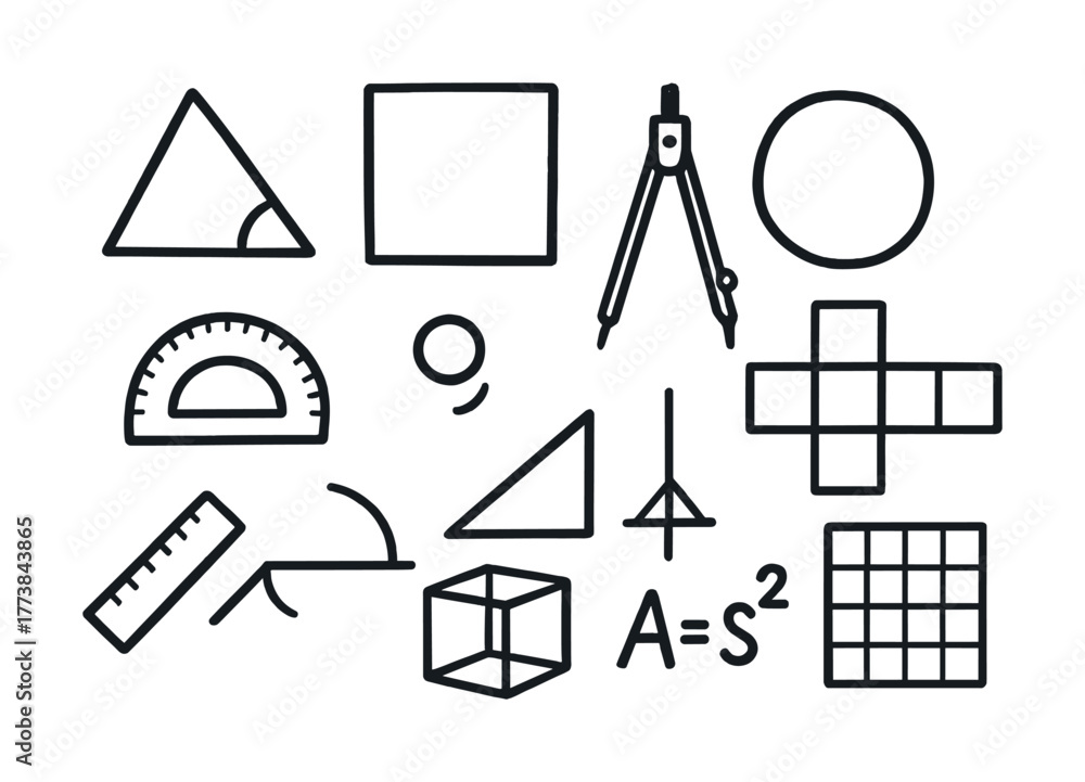 Obraz premium Vector Geometric tools and shapes illustration: circle, triangle, cube, compass, protractor, square